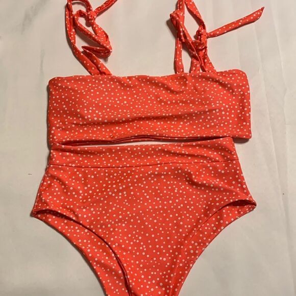Shein Size Medium two-piece orange/white polkadot bikini with padded top - Picture 1 of 6